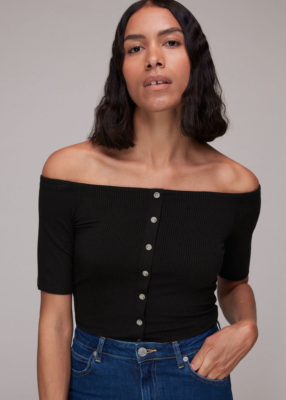 Whistles Rumi Ribbed Bardot Top Black | US-13680WESN