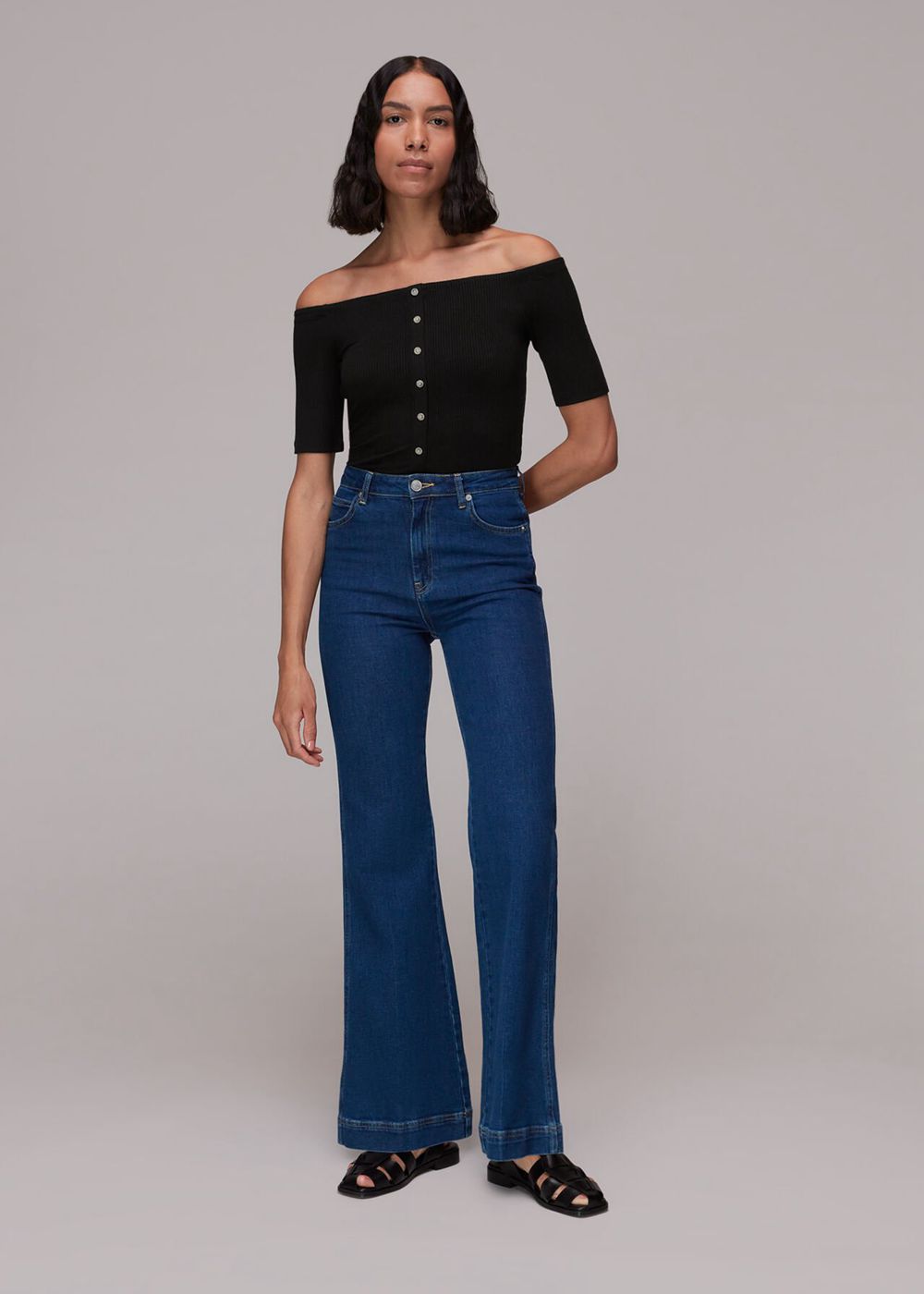 Whistles Rumi Ribbed Bardot Top Black | US-13680WESN