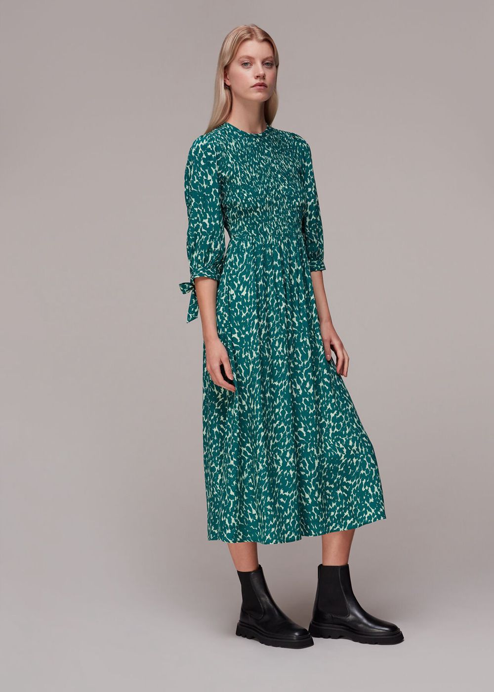 Whistles Sahara Cat Shirred Midi Dress Green / Multicolor | US-76240LDOA