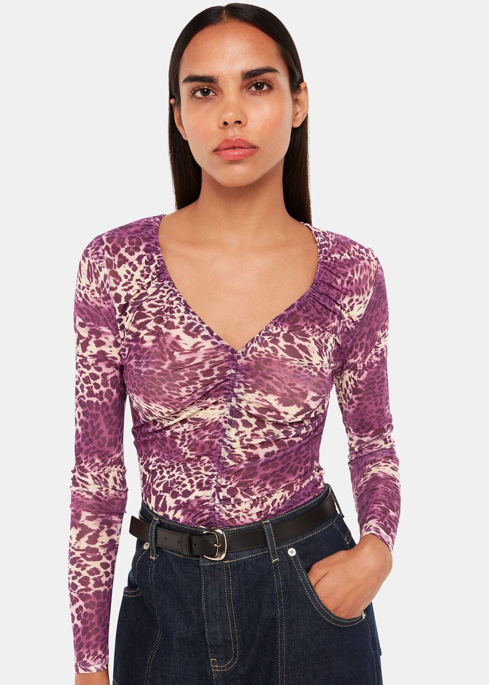 Whistles Sahara Leopard Mesh Ruched Top Pink / Multicolor | US-57834PFDX