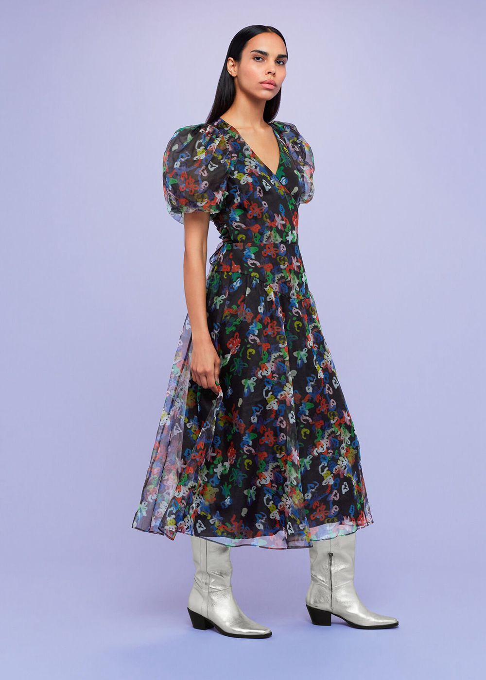 Whistles Scribble Organza Silk Dress Black / Multicolor | US-19720FDMJ