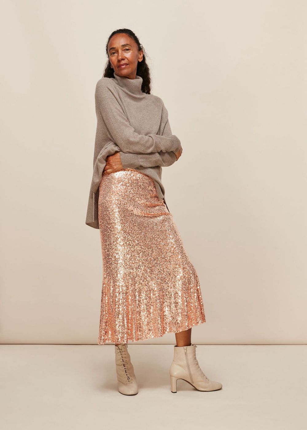 Whistles Sequin Midi Skirts Champagne | US-67029EVZA