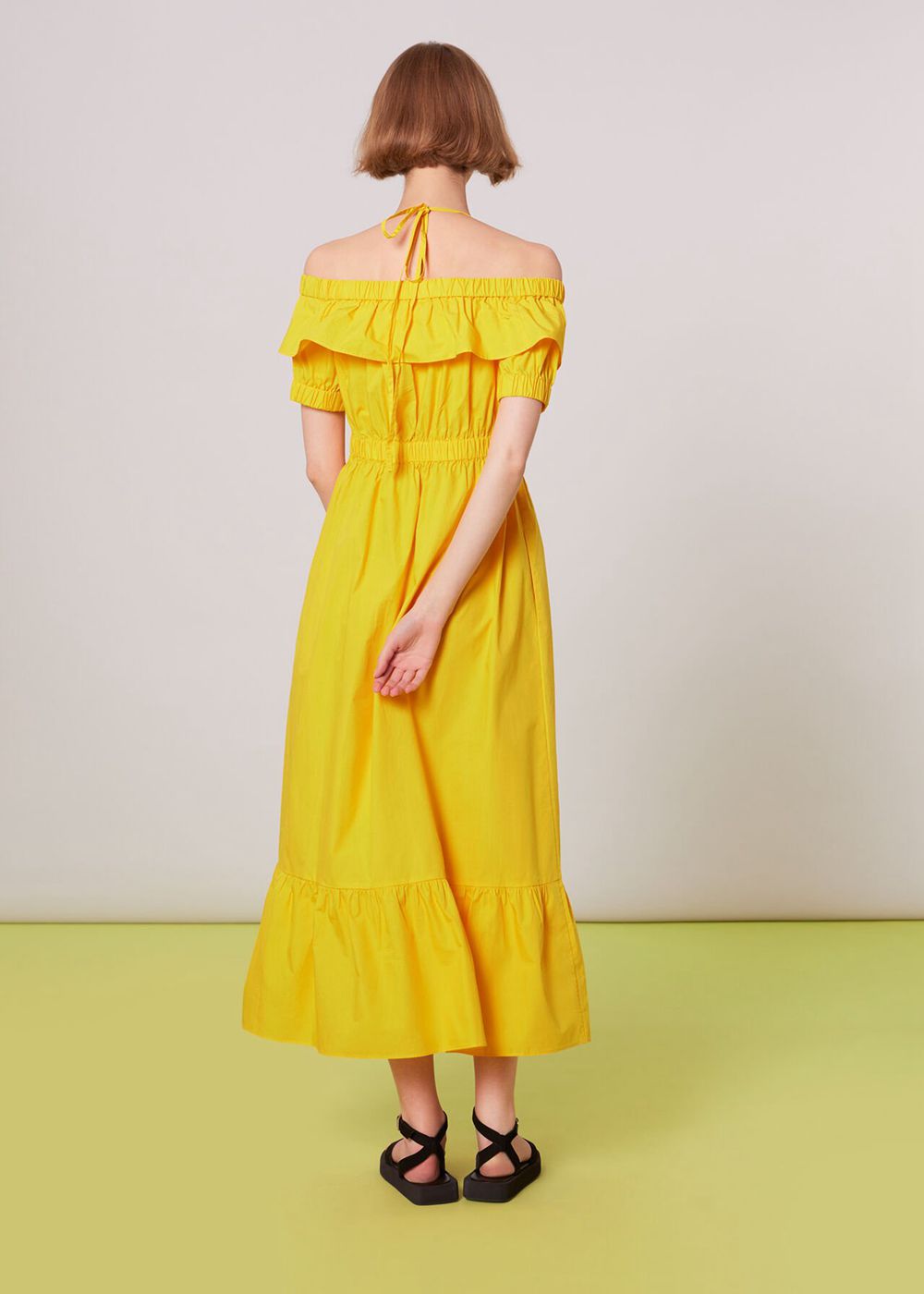 Whistles Serena Poplin Bardot Dress Yellow | US-45906CMAI