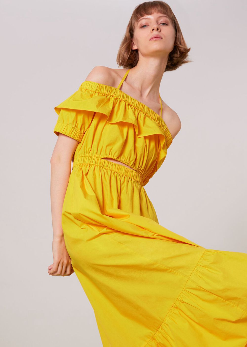 Whistles Serena Poplin Bardot Dress Yellow | US-45906CMAI