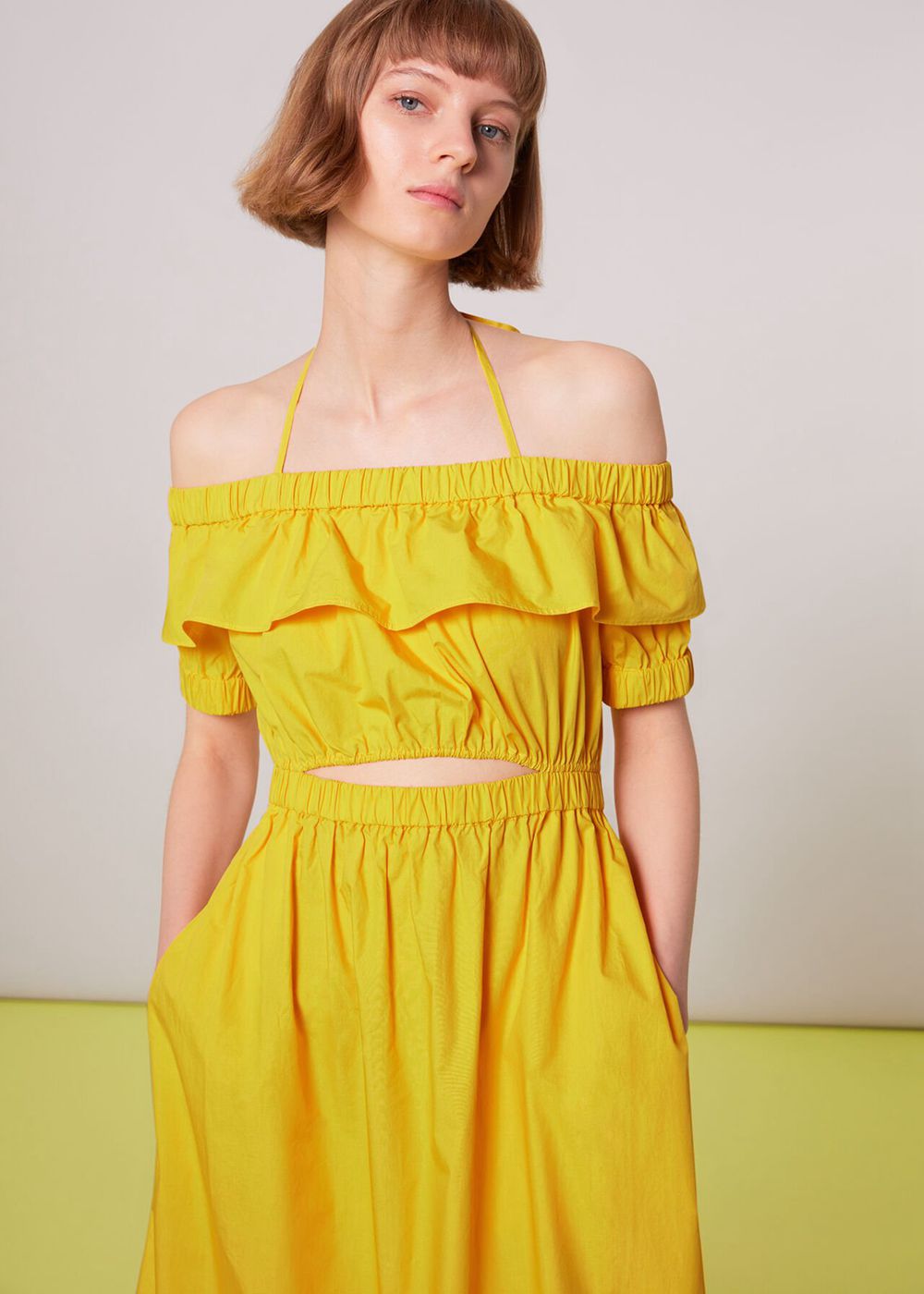 Whistles Serena Poplin Bardot Dress Yellow | US-45906CMAI