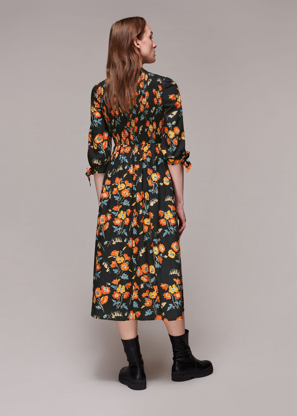 Whistles Shirred Floral Midi Dress Black / Multicolor | US-70541FJHV