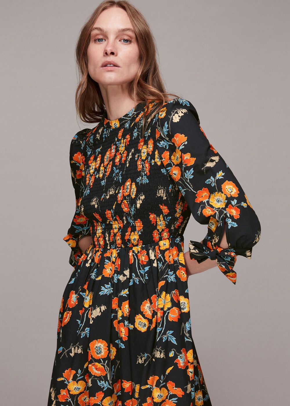 Whistles Shirred Floral Midi Dress Black / Multicolor | US-70541FJHV