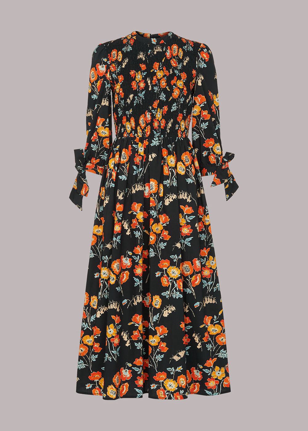 Whistles Shirred Floral Midi Dress Black / Multicolor | US-70541FJHV