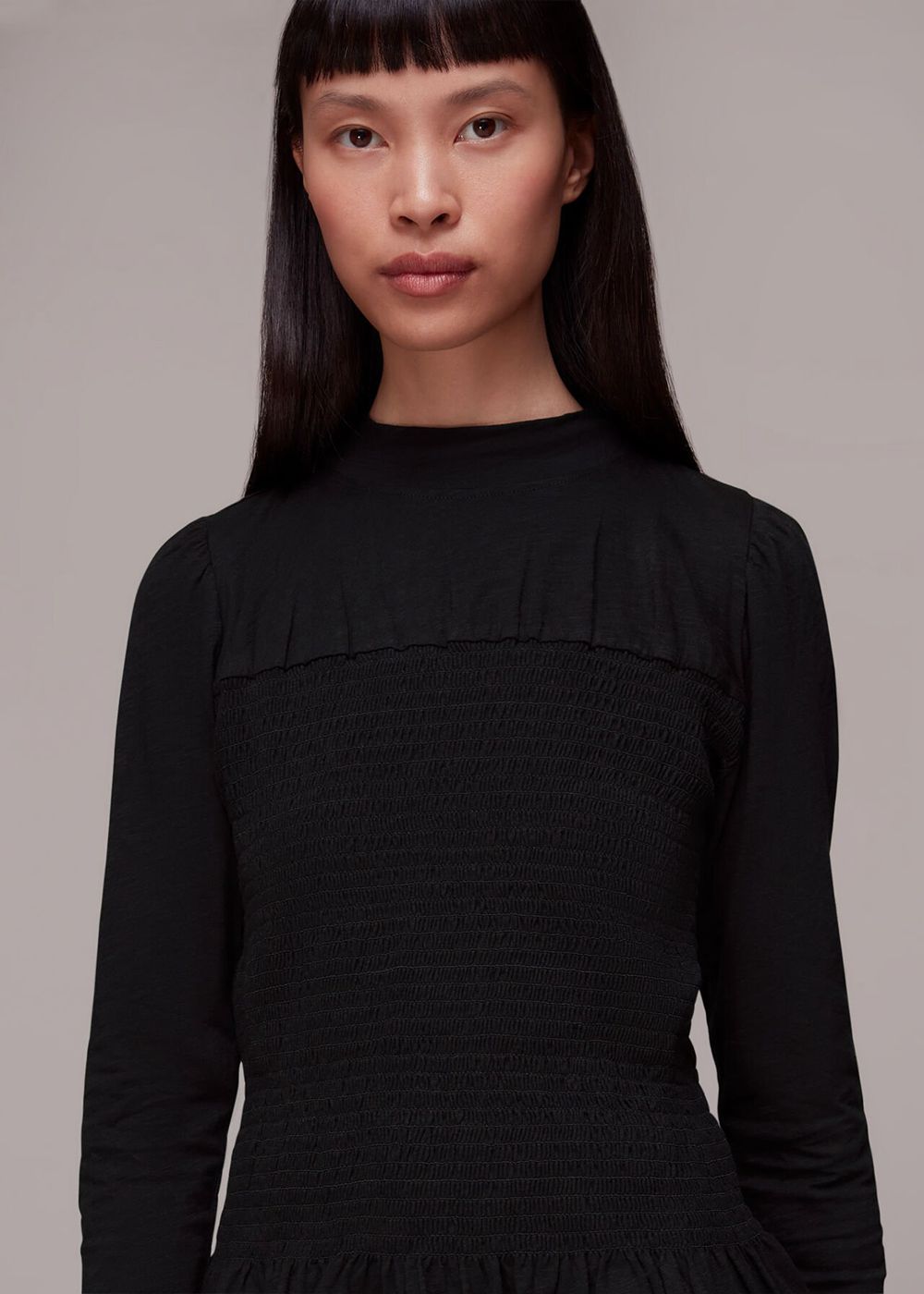 Whistles Shirred High Neck Top Black | US-72459IFXE