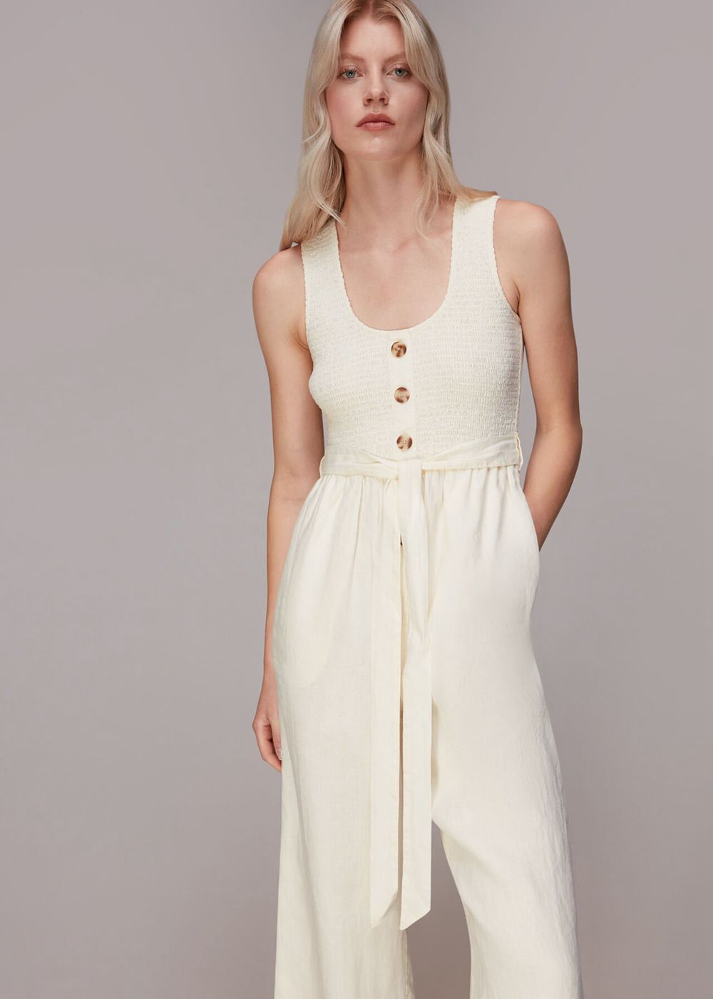 Whistles Shirred Linen Jumpsuit White | US-42658OPHS