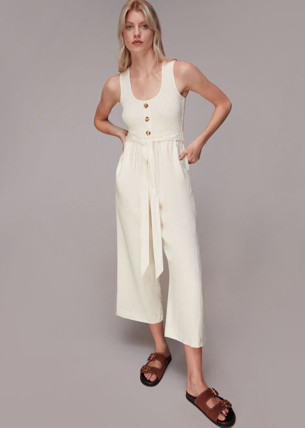 Whistles Shirred Linen Jumpsuit White | US-42658OPHS