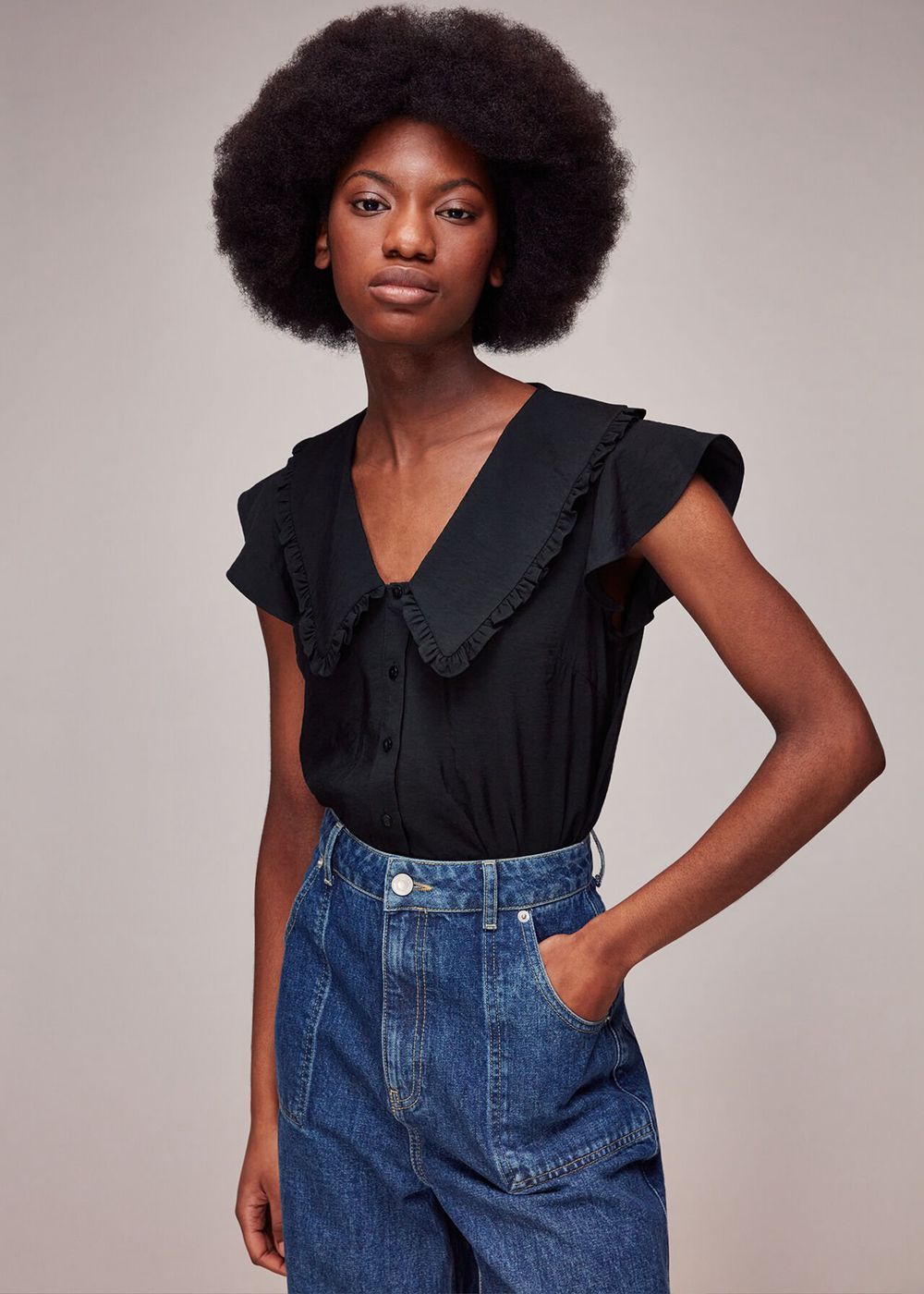 Whistles Short Sleeve Collar Top Black | US-57304VTND