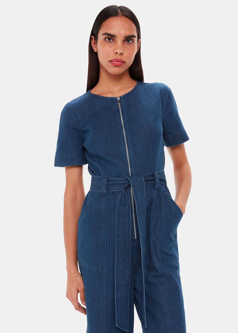 Whistles Short Sleeve Denim Jumpsuit Blue | US-91562WUIQ