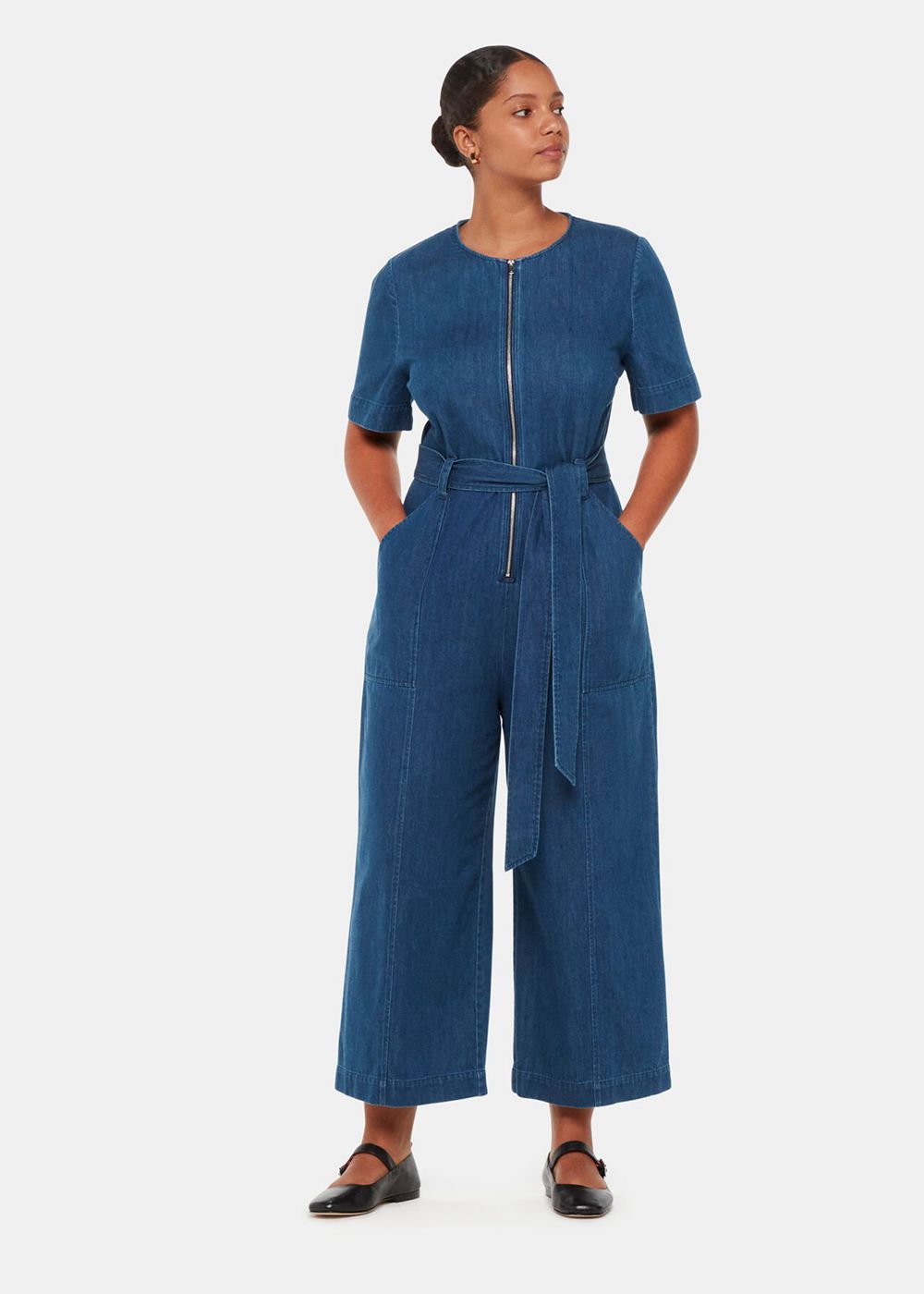 Whistles Short Sleeve Denim Jumpsuit Blue | US-91562WUIQ