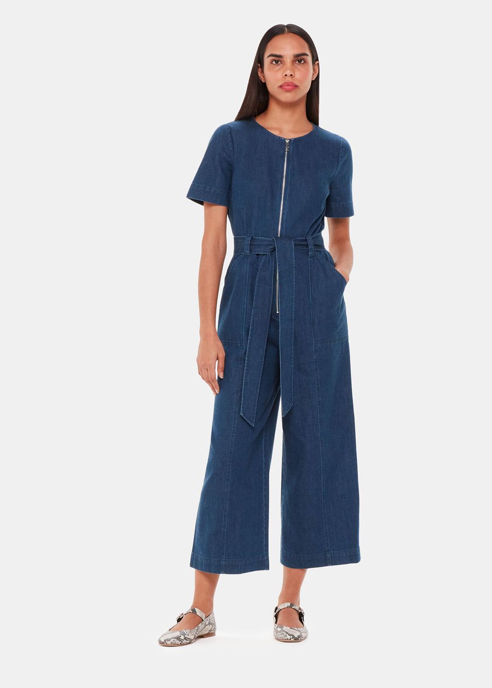 Whistles Short Sleeve Denim Jumpsuit Blue | US-91562WUIQ