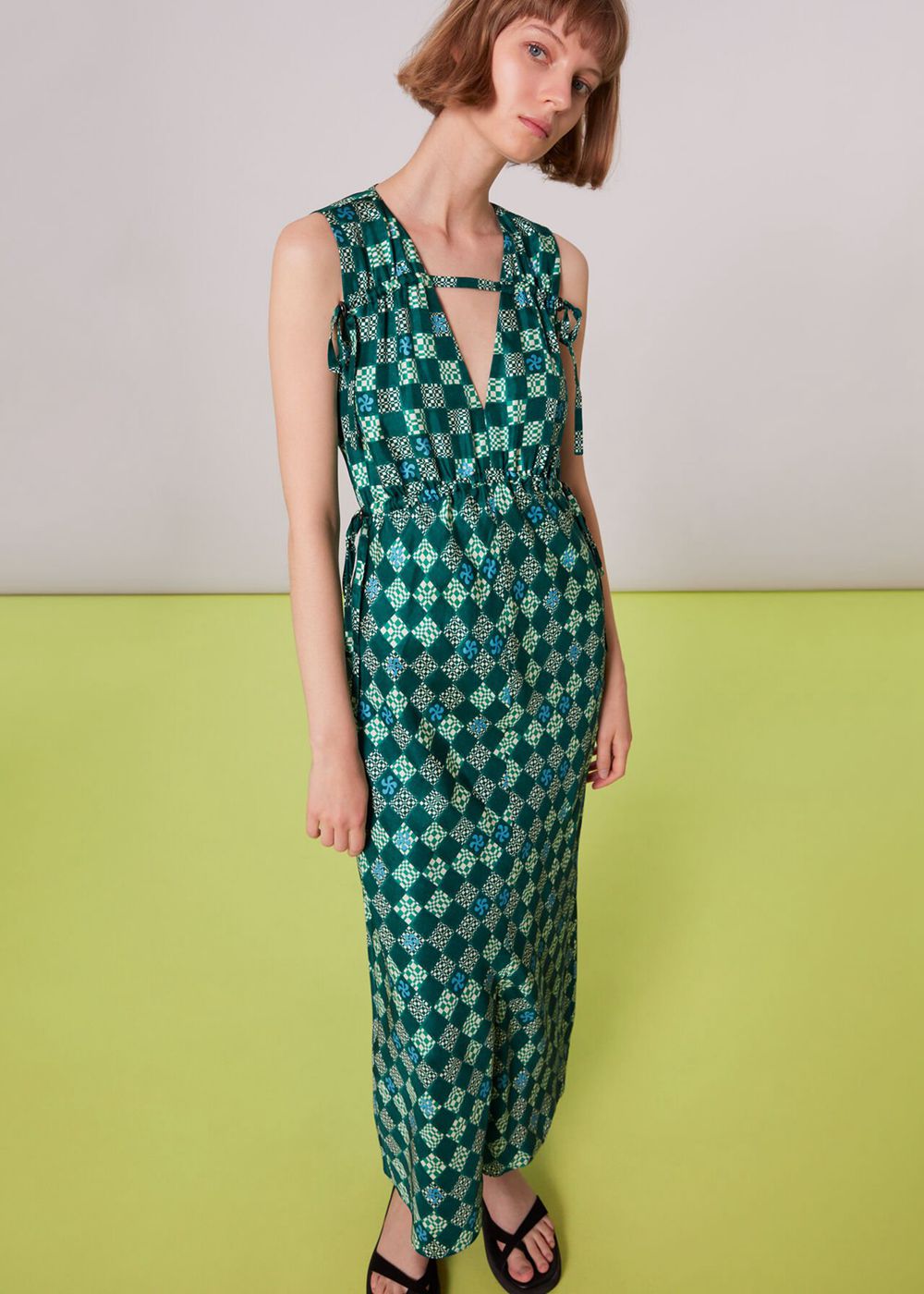 Whistles Silk Checkerboard Dress Green / Multicolor | US-96485WPJY