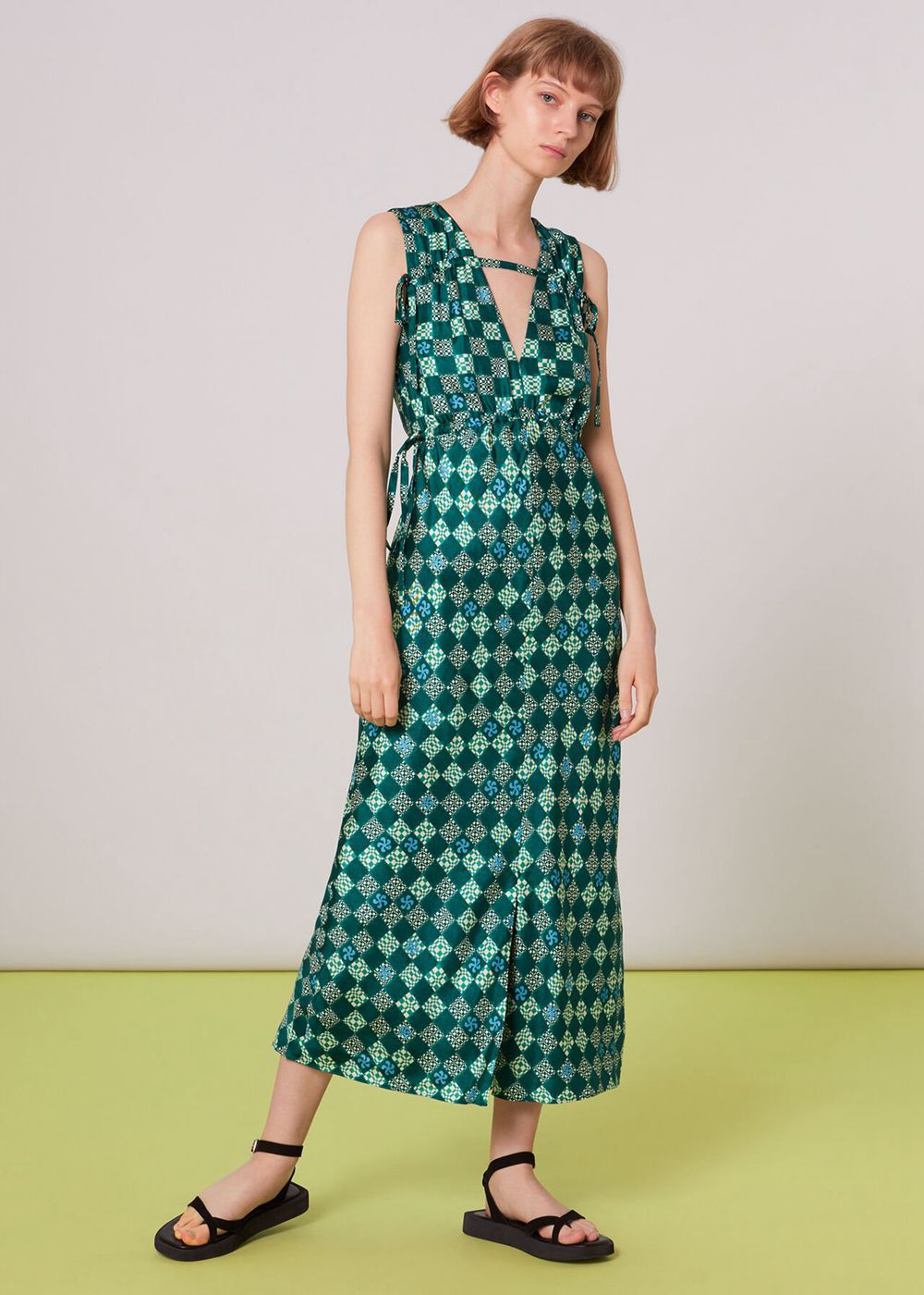 Whistles Silk Checkerboard Dress Green / Multicolor | US-96485WPJY