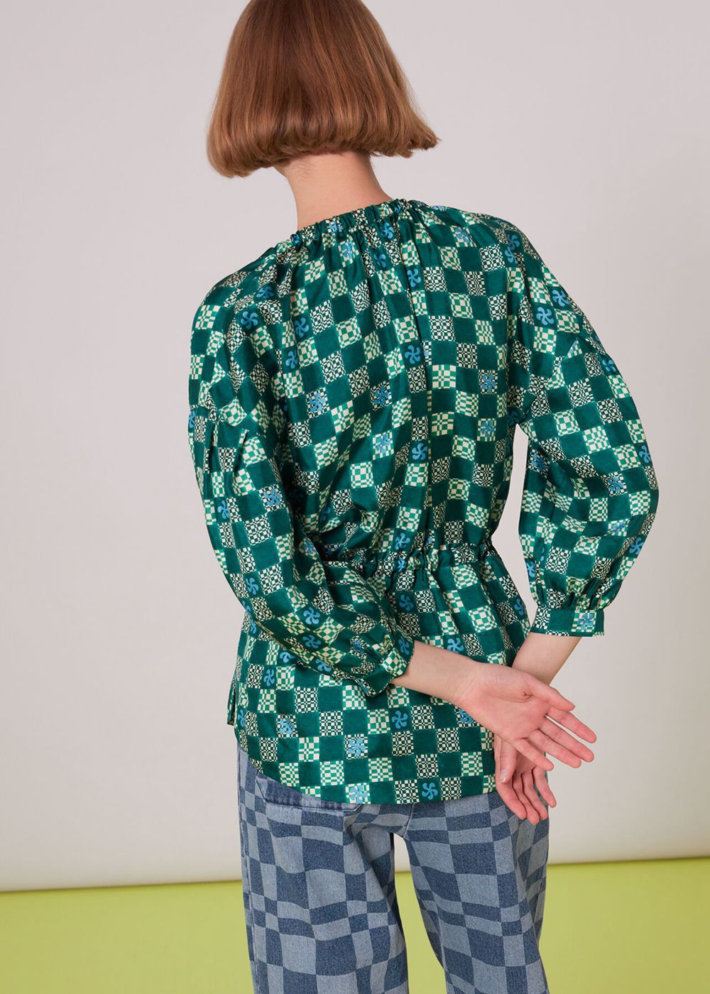 Whistles Silk Checkerboard Top Green / Multicolor | US-32704CZTV