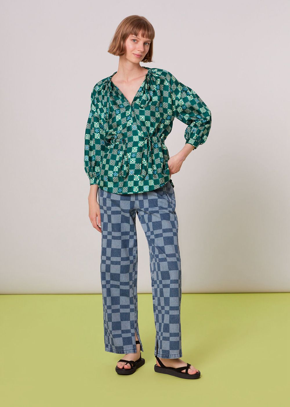 Whistles Silk Checkerboard Top Green / Multicolor | US-32704CZTV