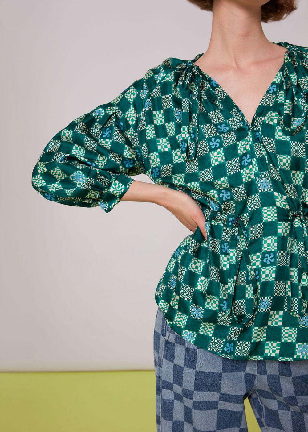 Whistles Silk Checkerboard Top Green / Multicolor | US-32704CZTV