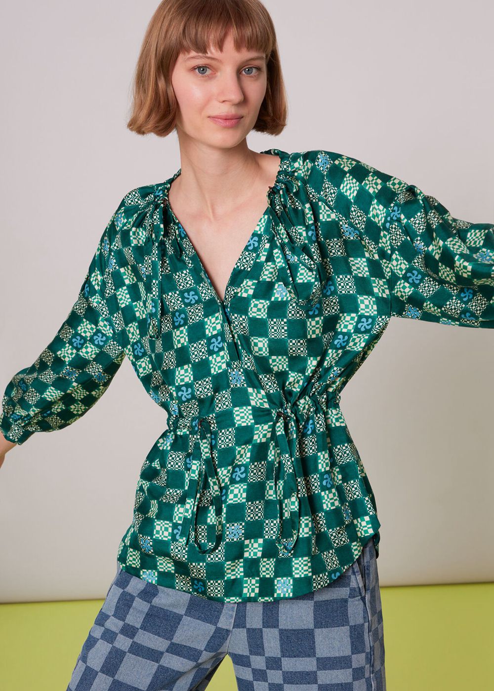 Whistles Silk Checkerboard Top Green / Multicolor | US-32704CZTV