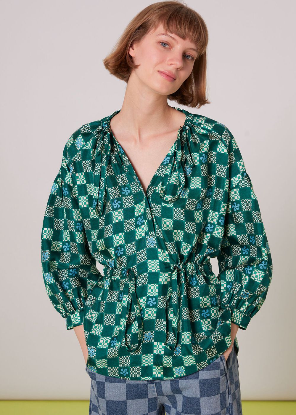 Whistles Silk Checkerboard Top Green / Multicolor | US-32704CZTV