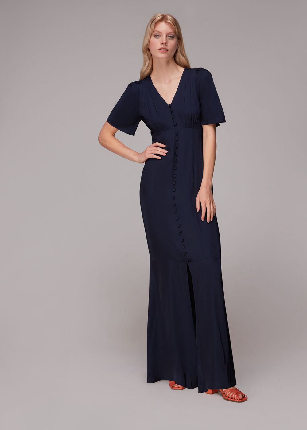 Whistles Simone Satin Maxi Dress Navy | US-61053JBLZ