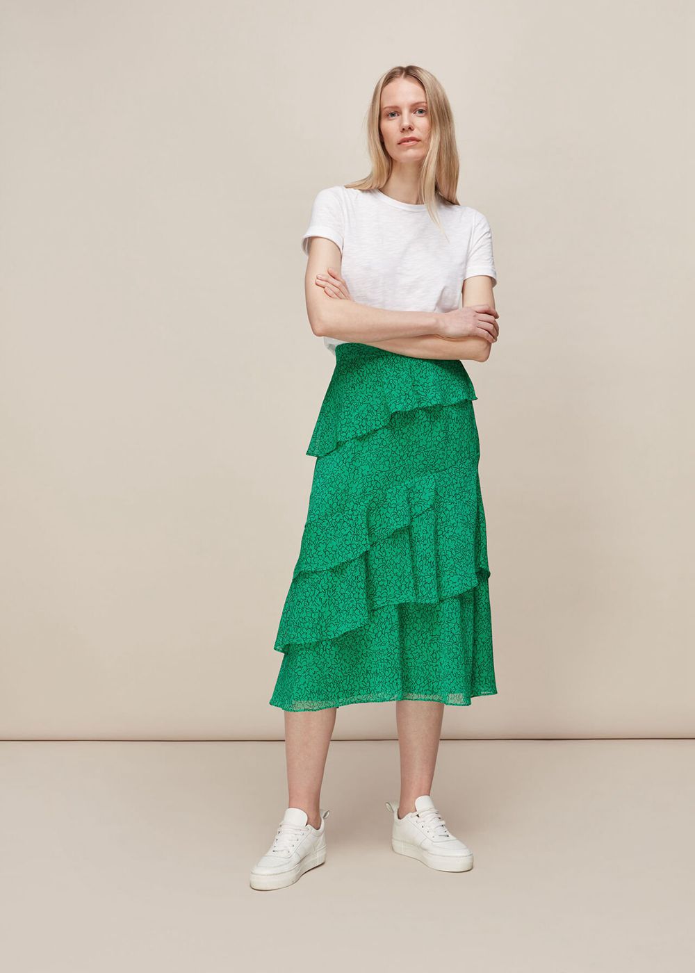 Whistles Sketched Floral Tiered Skirts Green / Multicolor | US-29438MSLB