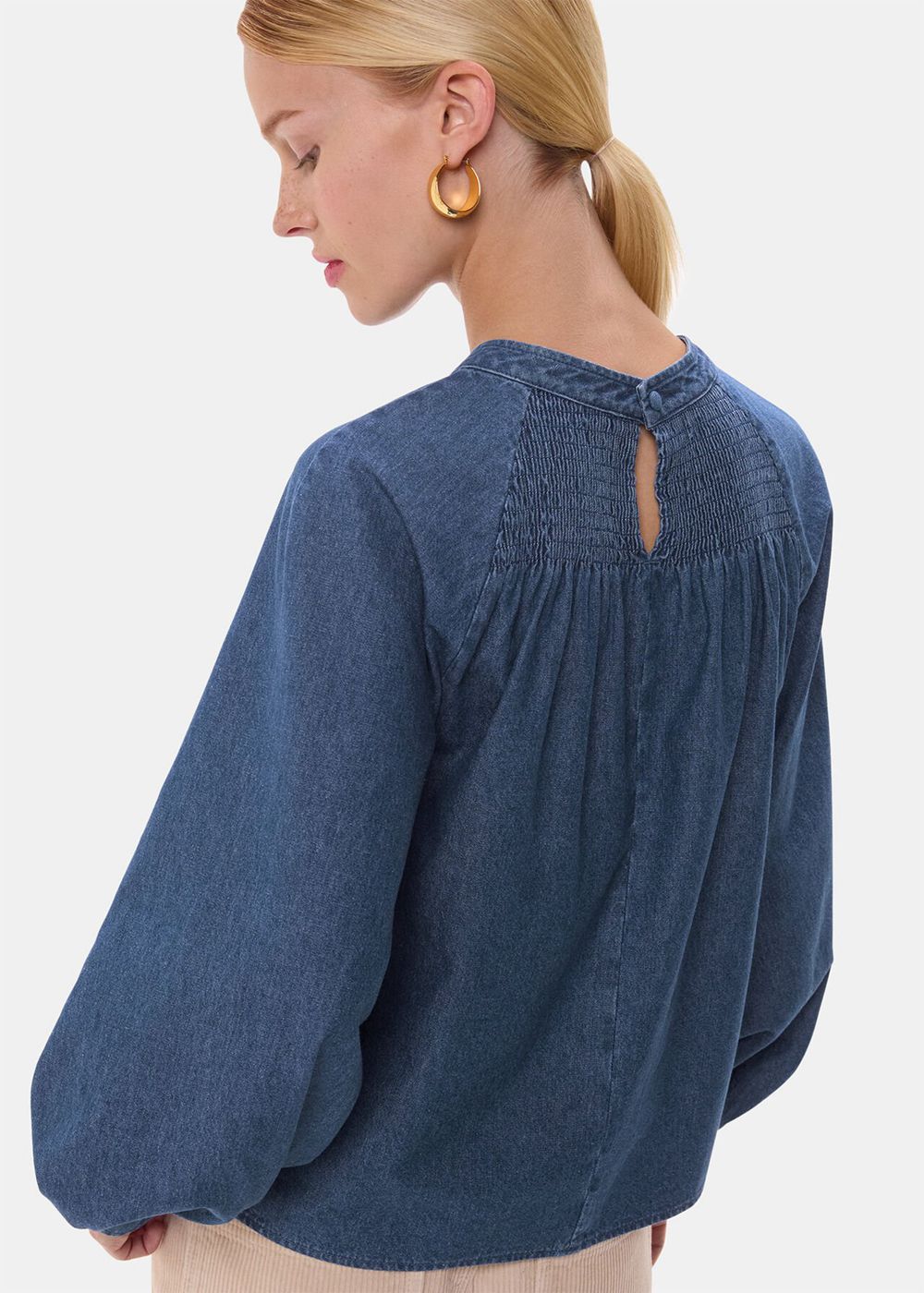 Whistles Smocked Denim Blouse Blue | US-18027PJSU