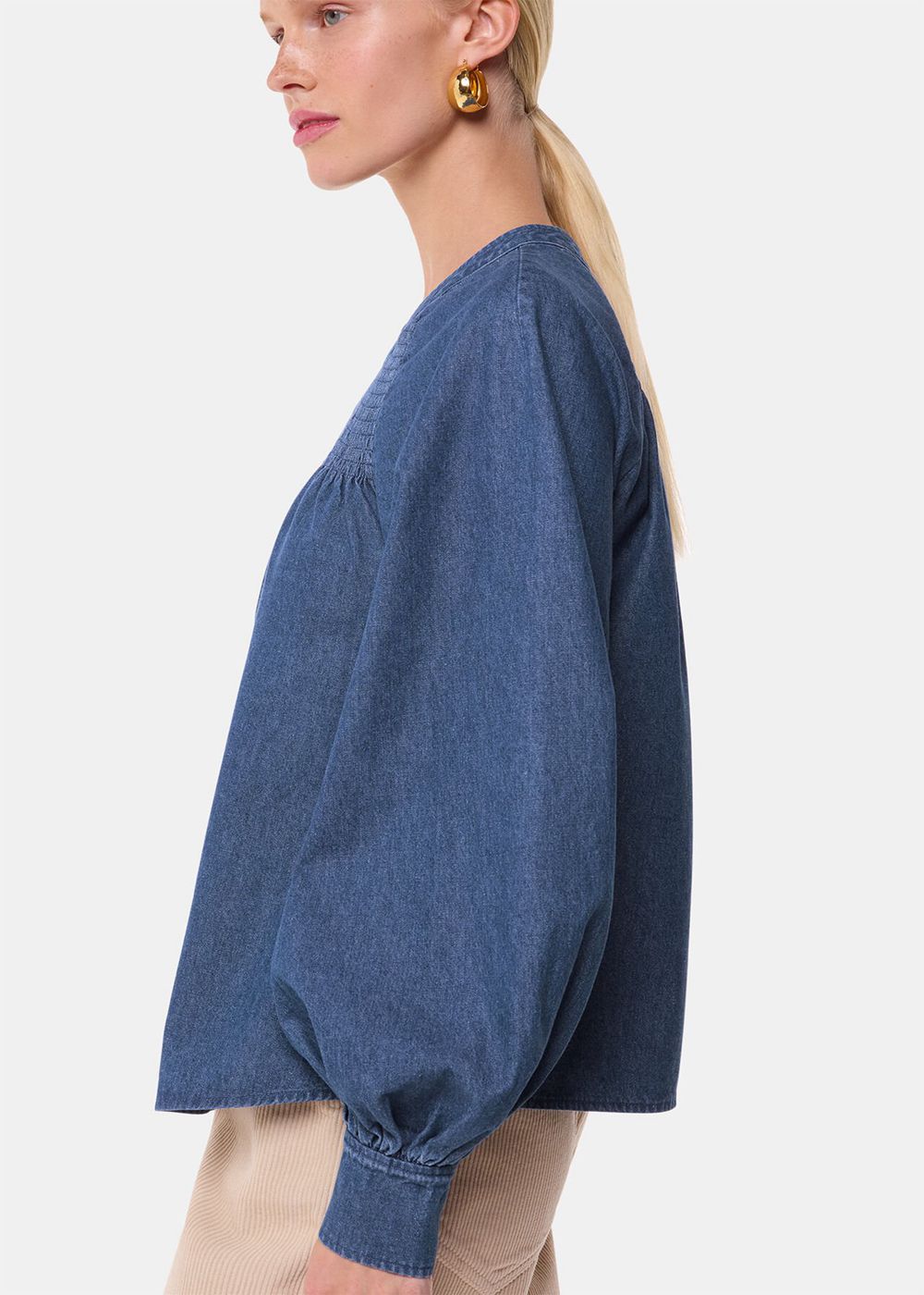 Whistles Smocked Denim Blouse Blue | US-18027PJSU