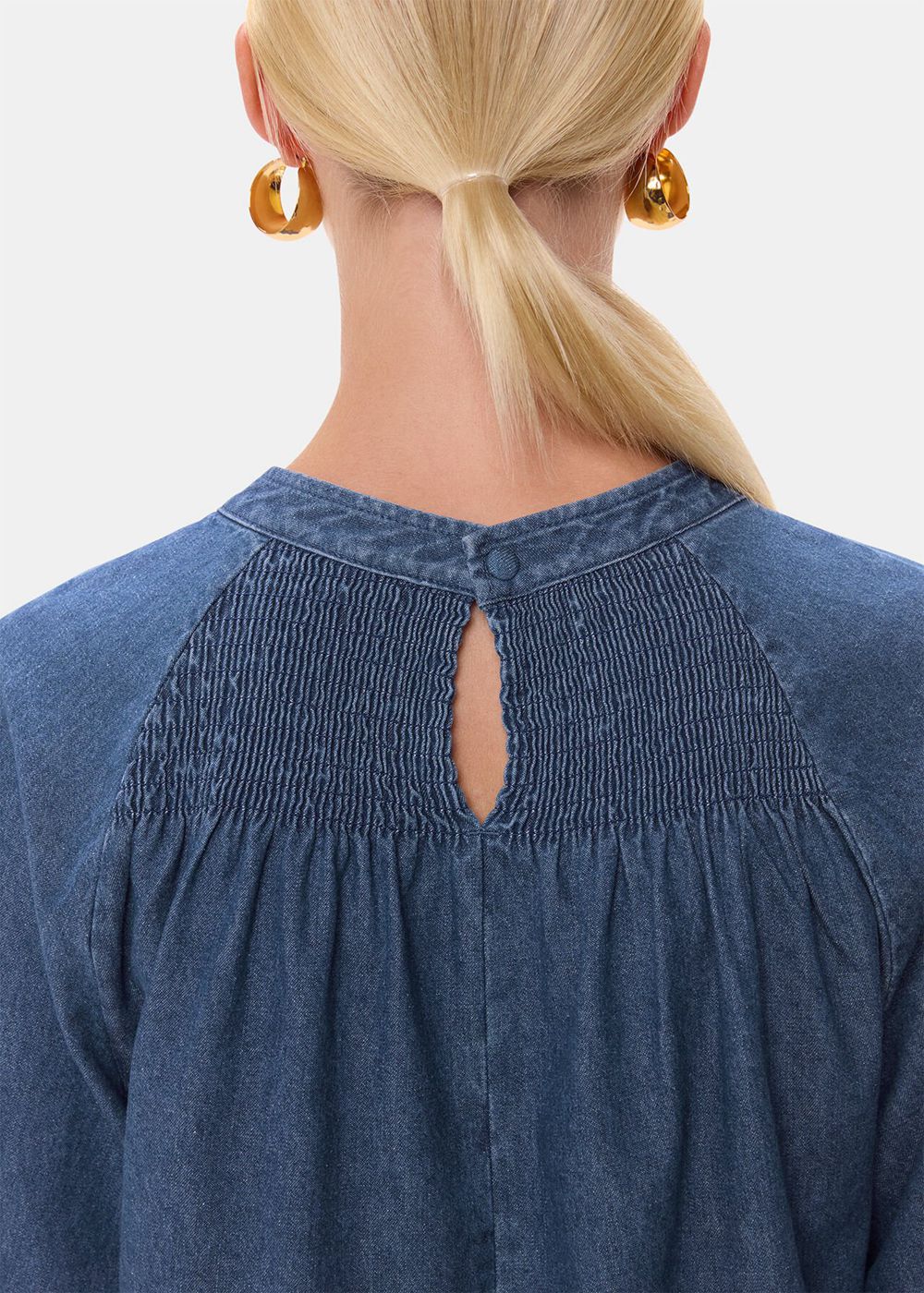 Whistles Smocked Denim Blouse Blue | US-18027PJSU