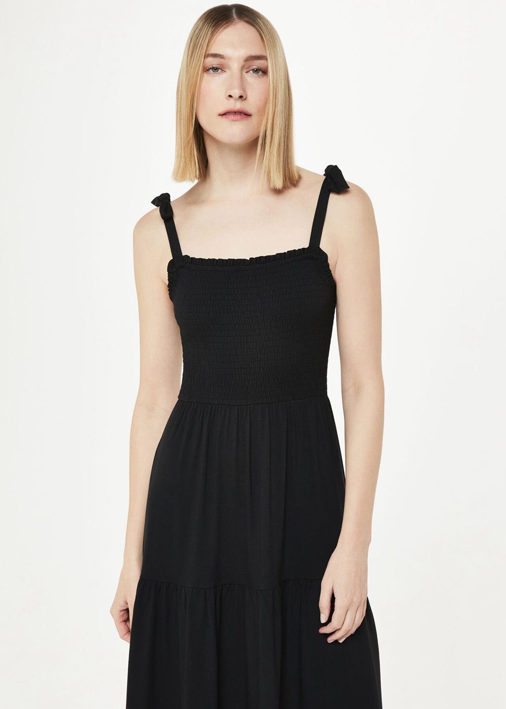 Whistles Smocked Tiered Jersey Dress Black | US-94382VXNM