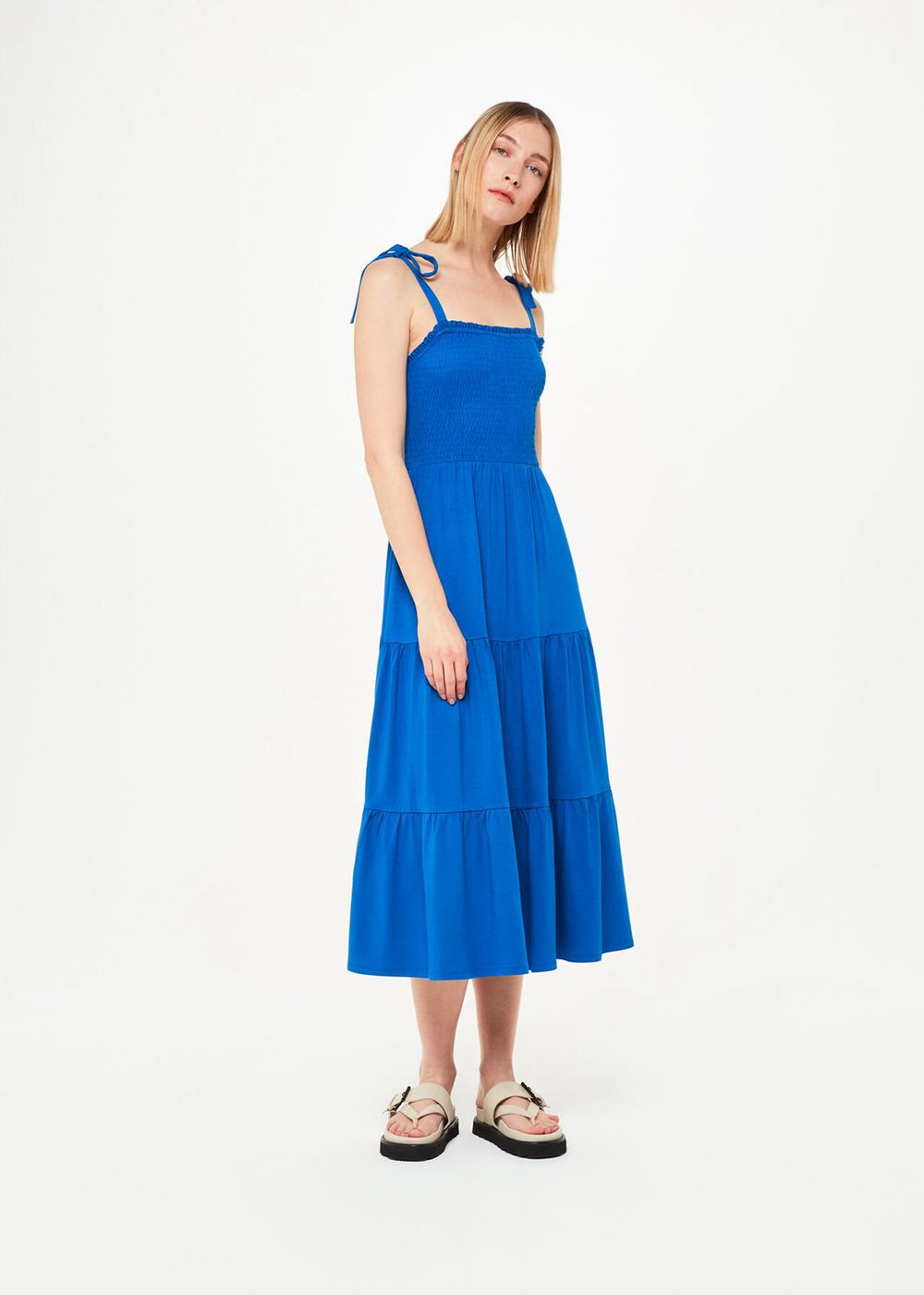 Whistles Smocked Tiered Jersey Dress Blue | US-69720JCRD