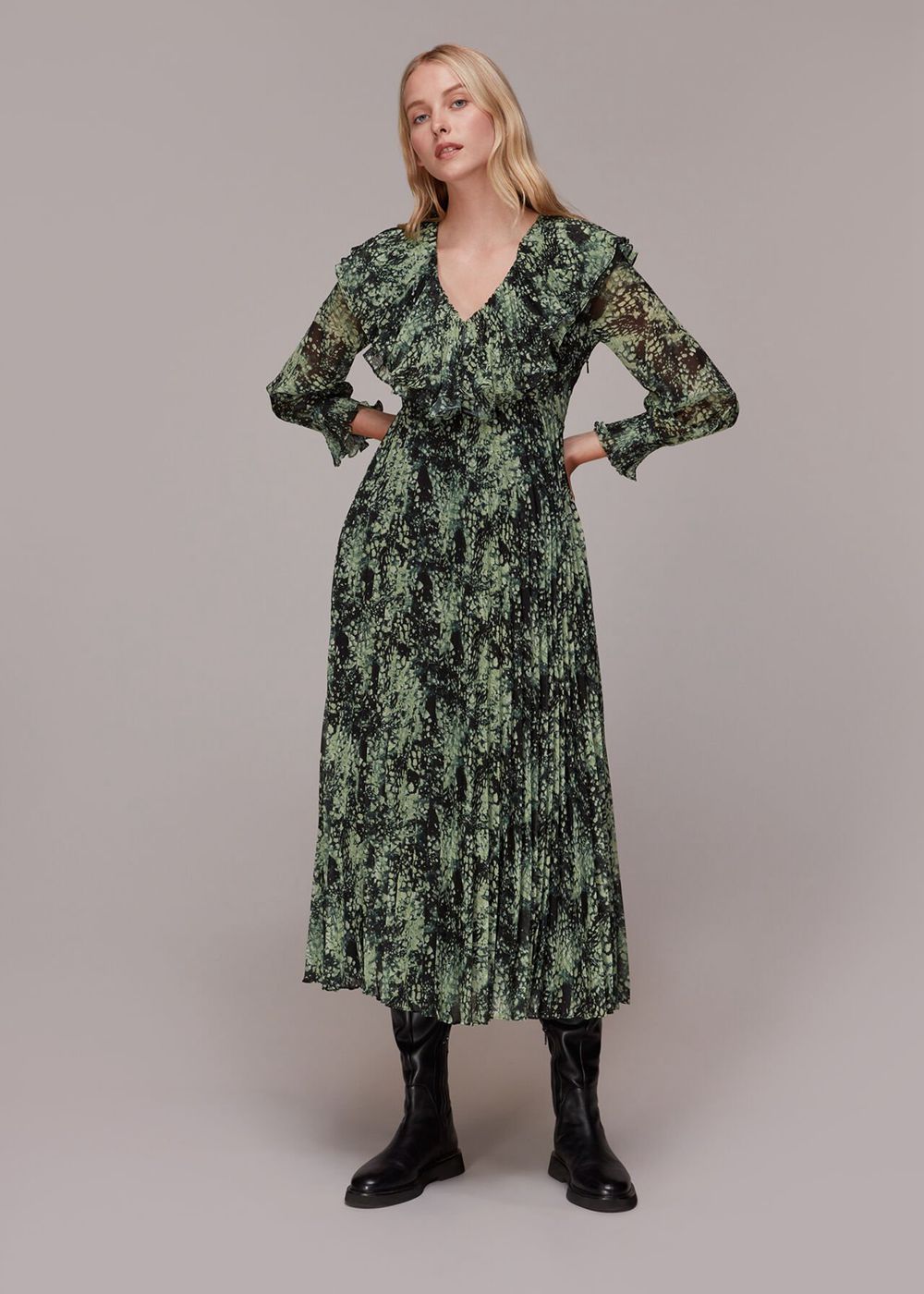 Whistles Snow Flurry Printed Midi Dress Green / Multicolor | US-69801MWCJ