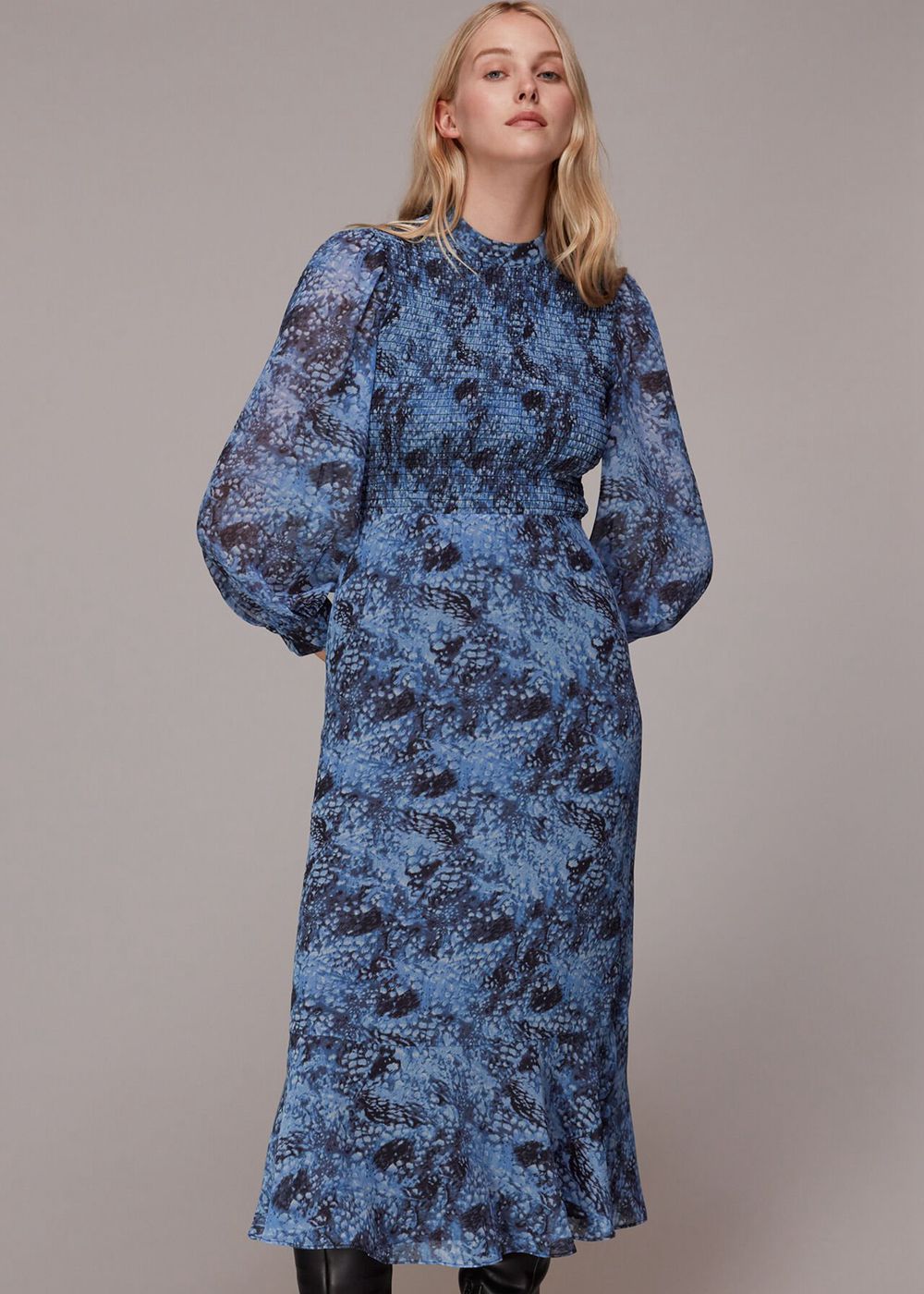 Whistles Snow Flurry Shirred Midi Dress Blue / Multicolor | US-03675WBHD