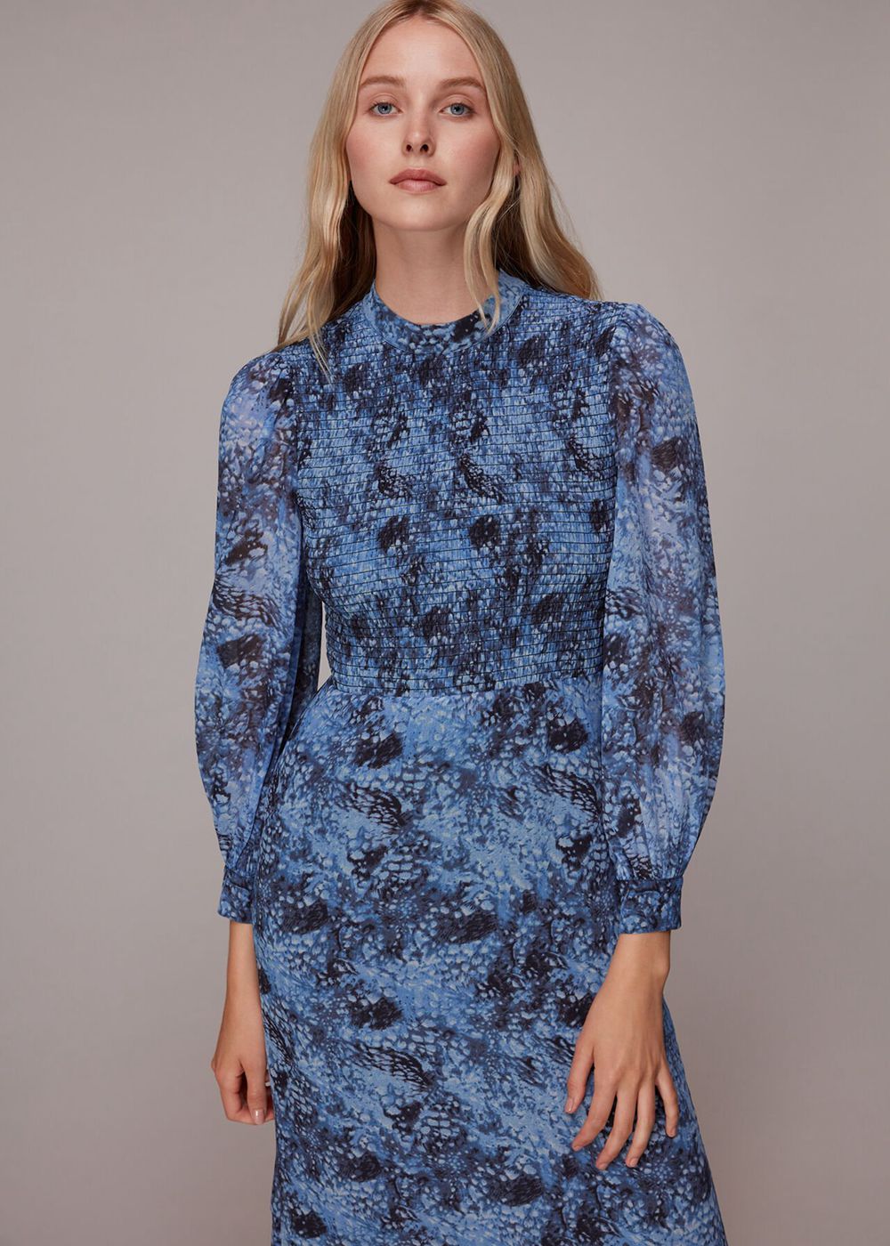 Whistles Snow Flurry Shirred Midi Dress Blue / Multicolor | US-03675WBHD