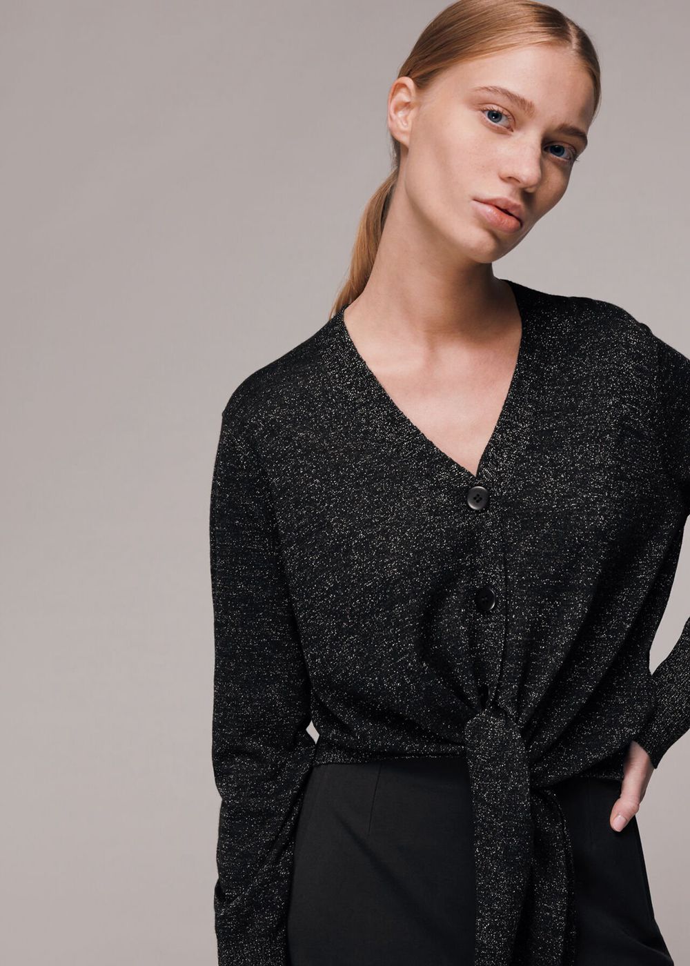 Whistles Sparkle Tie Cardigan Black | US-43967UPZT