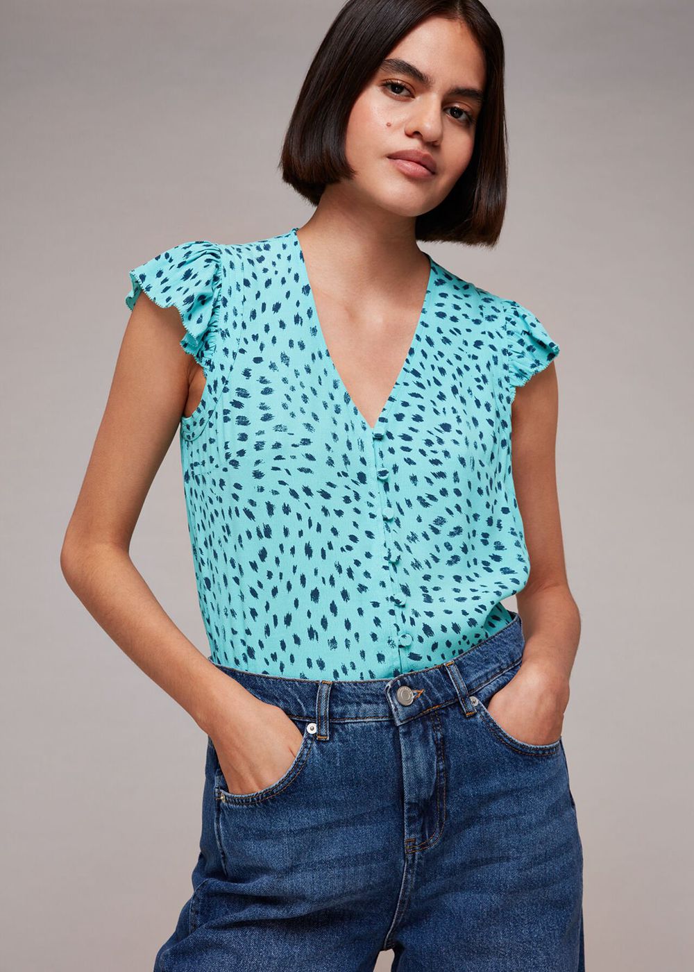 Whistles Speckled Spot Frill Top Blue / Multicolor | US-35827IKLZ