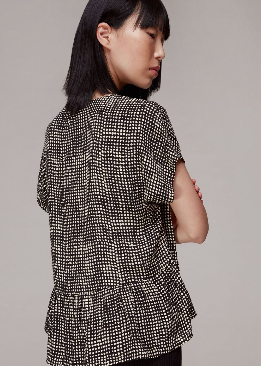 Whistles Spotted Check Peplum Top Black / White | US-34296AKWZ