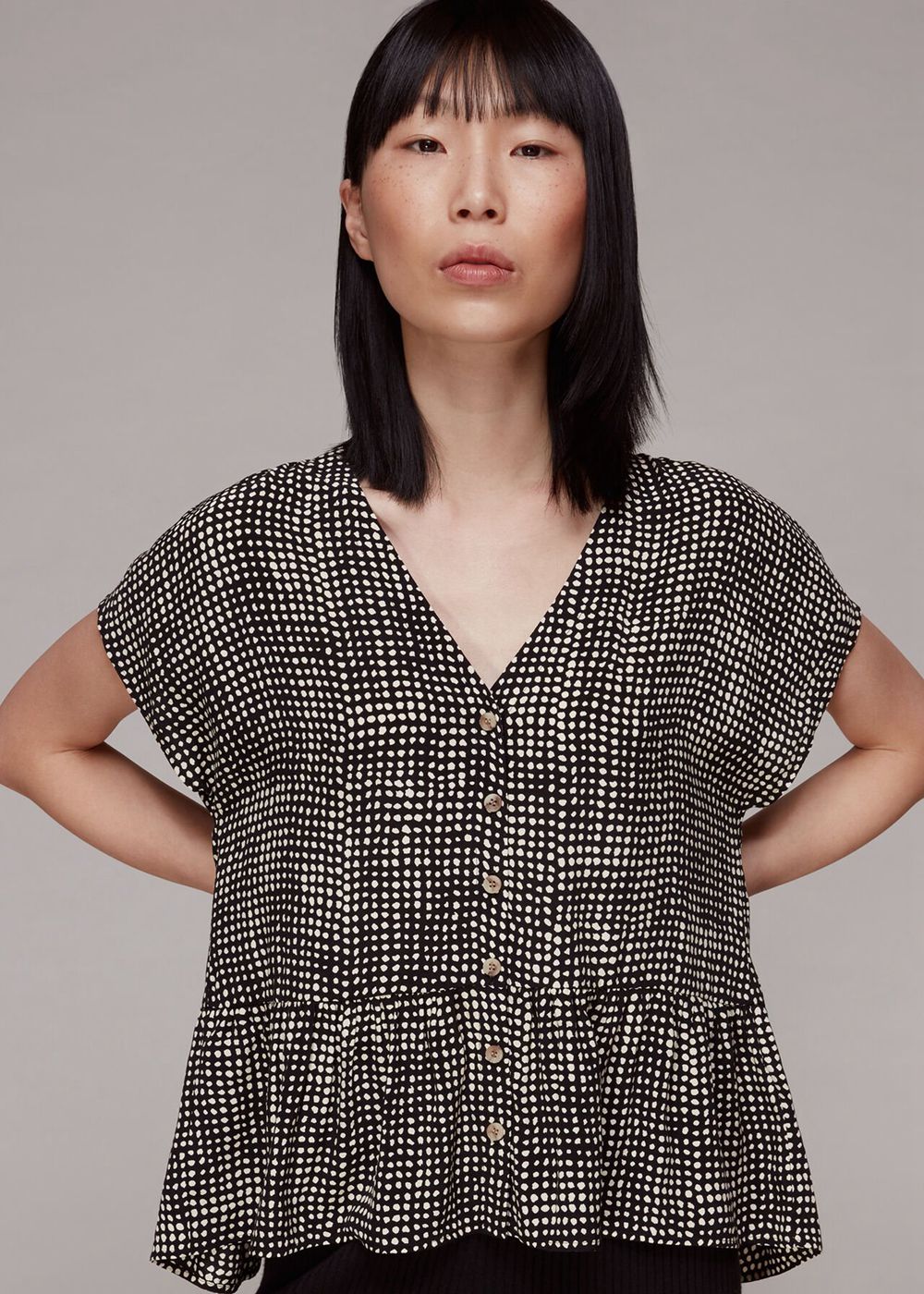 Whistles Spotted Check Peplum Top Black / White | US-34296AKWZ