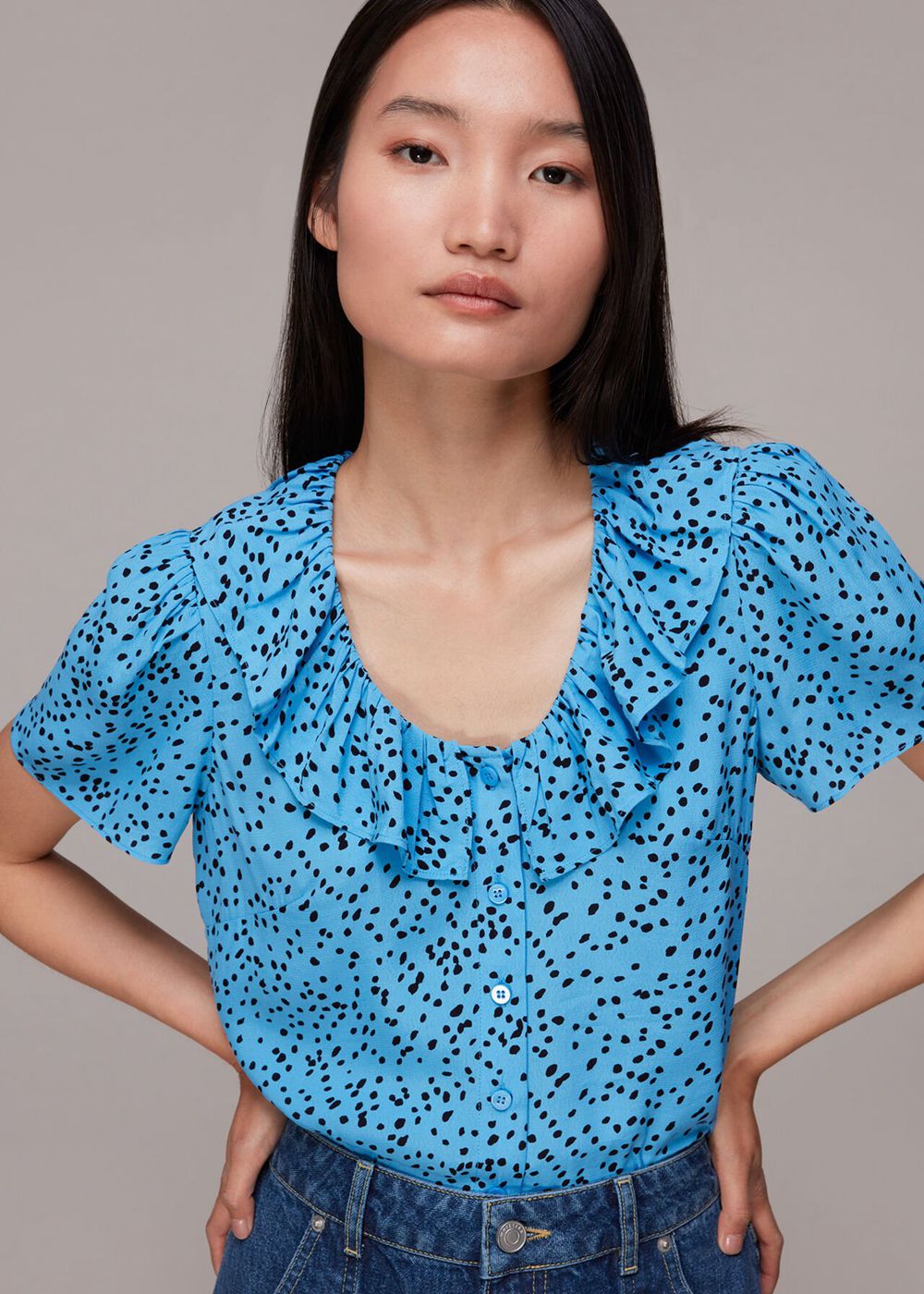 Whistles Spotted Dot Collar Top Blue / Multicolor | US-05132ISYM