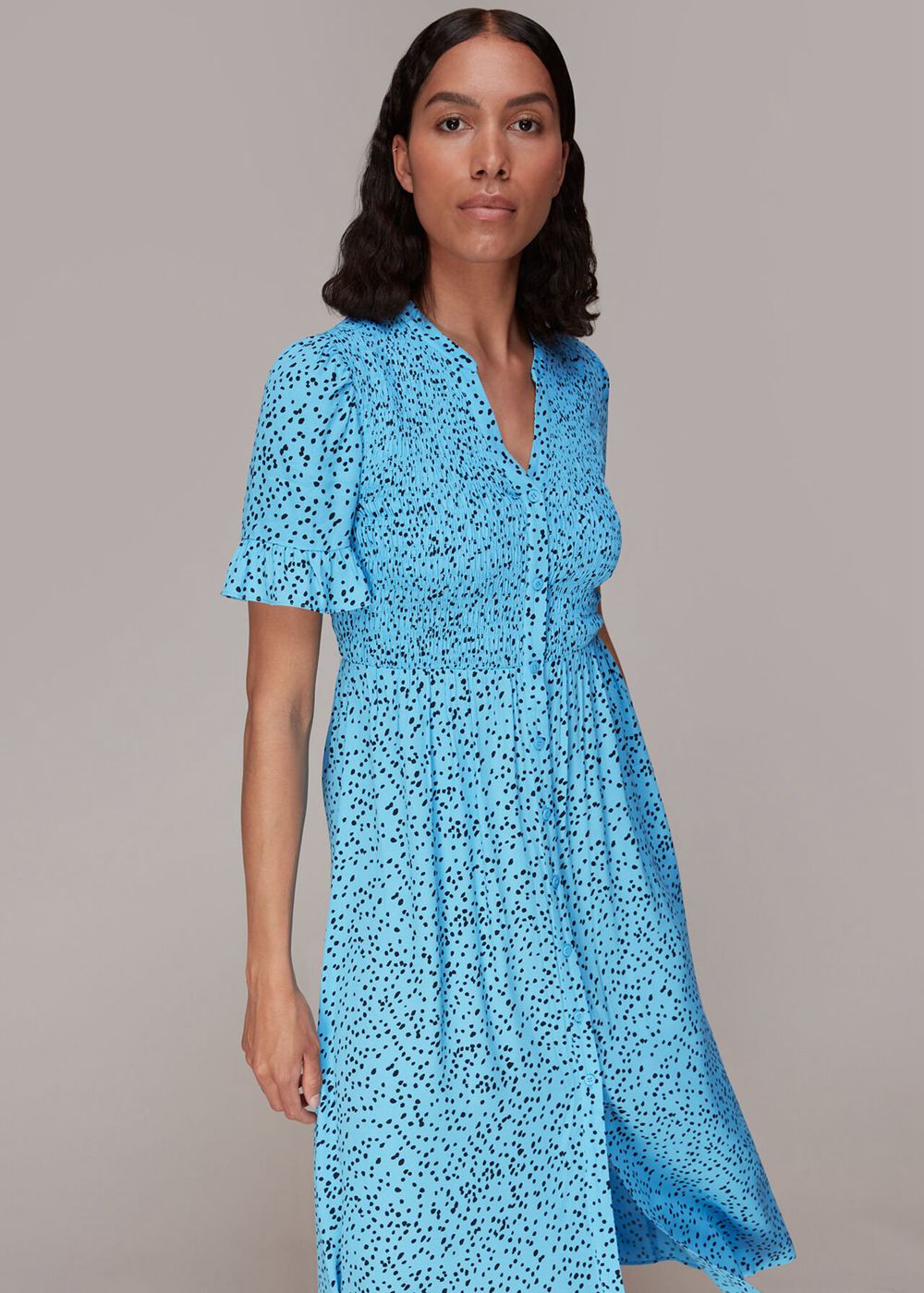 Whistles Spotted Dot Shirred Midi Dress Blue / Multicolor | US-50379TBEF