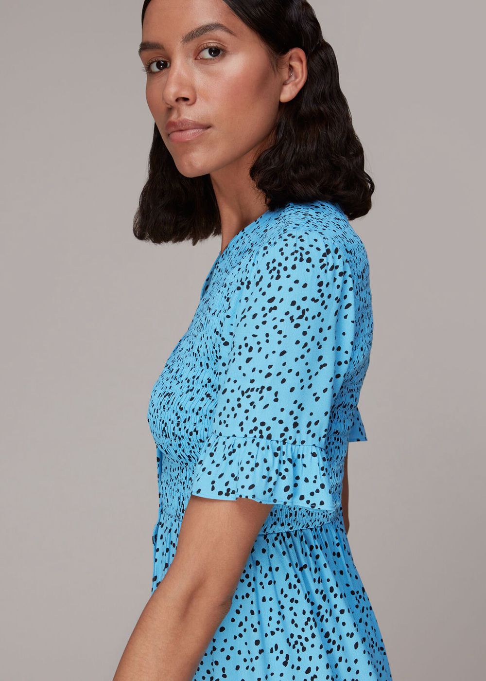 Whistles Spotted Dot Shirred Midi Dress Blue / Multicolor | US-50379TBEF