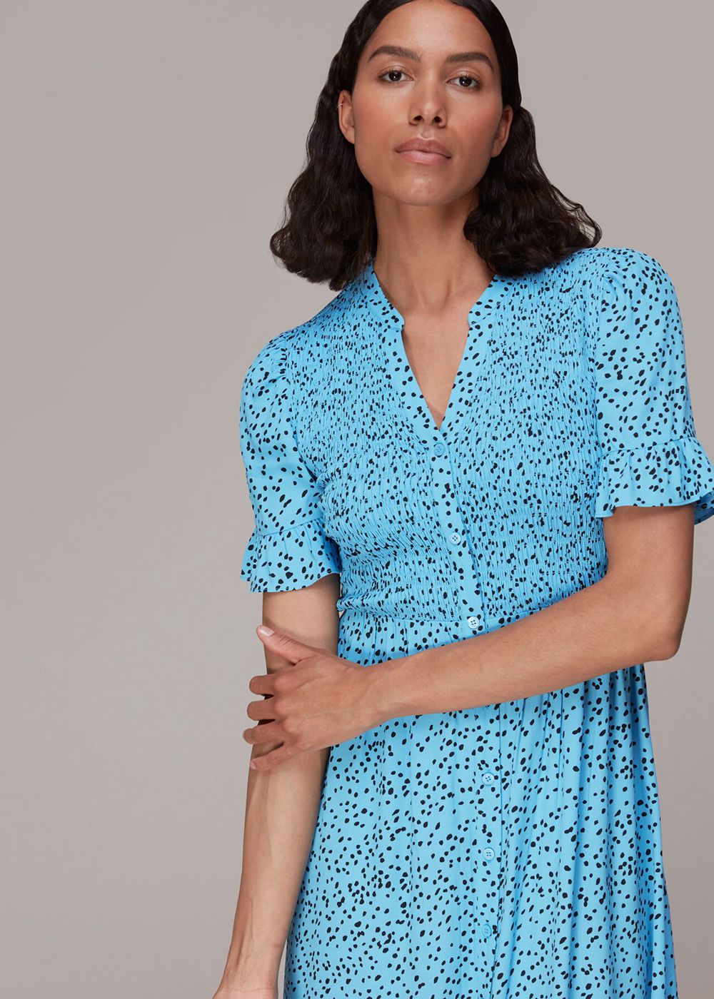 Whistles Spotted Dot Shirred Midi Dress Blue / Multicolor | US-50379TBEF