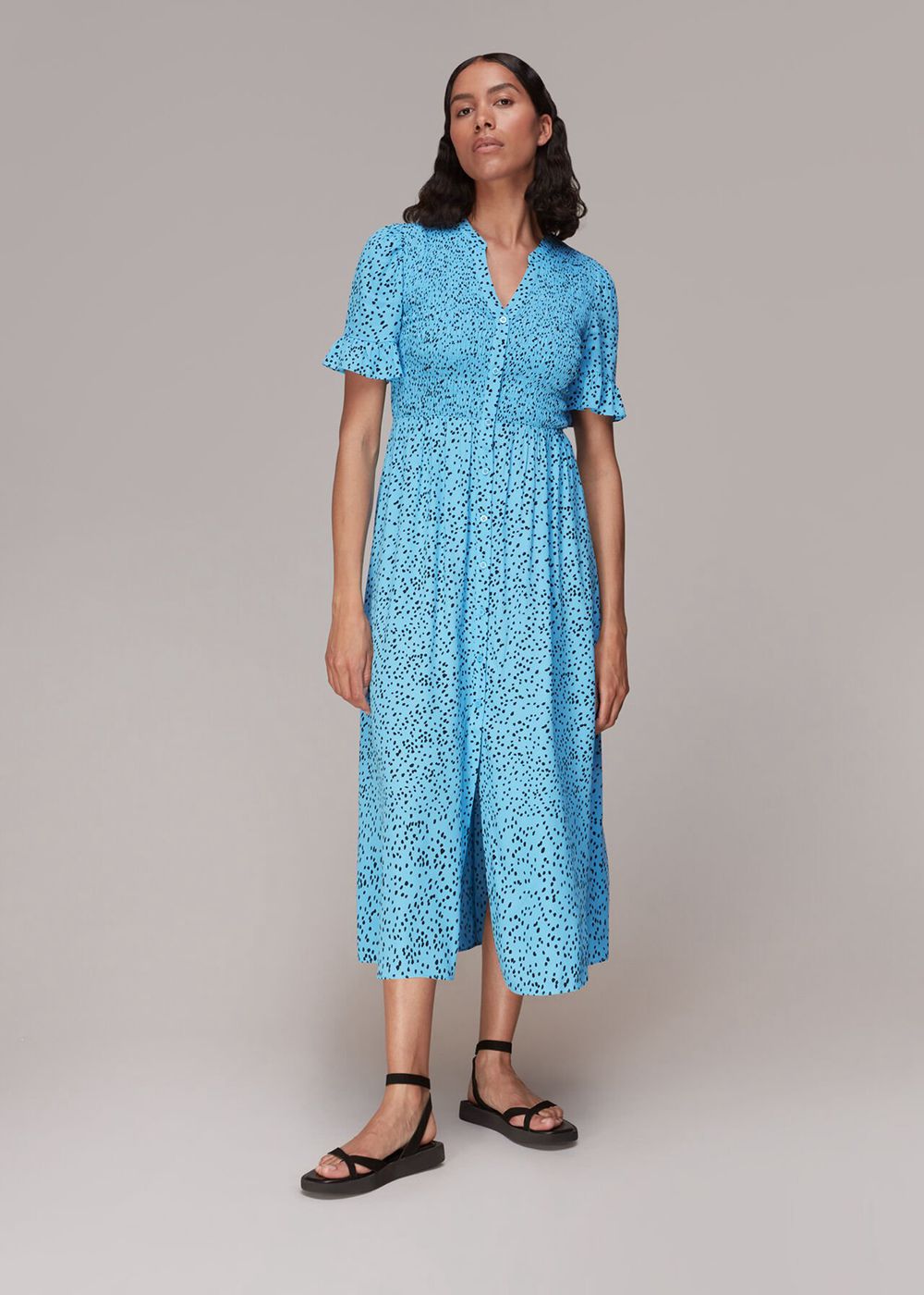 Whistles Spotted Dot Shirred Midi Dress Blue / Multicolor | US-50379TBEF