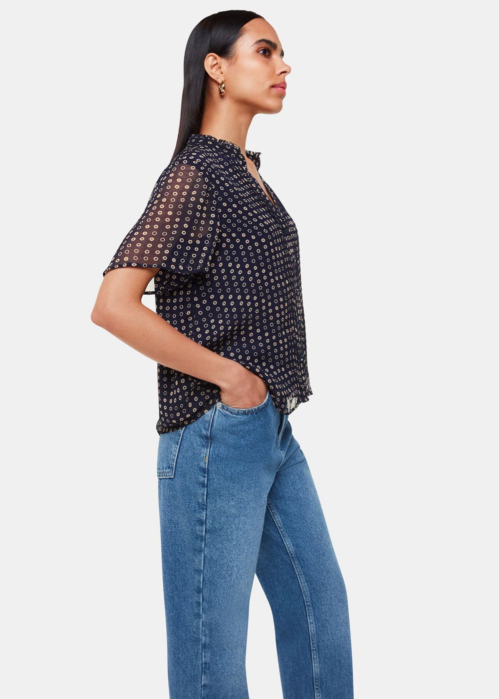 Whistles Spotted Hoop Frill Blouse Navy / Multicolor | US-80317LQAW