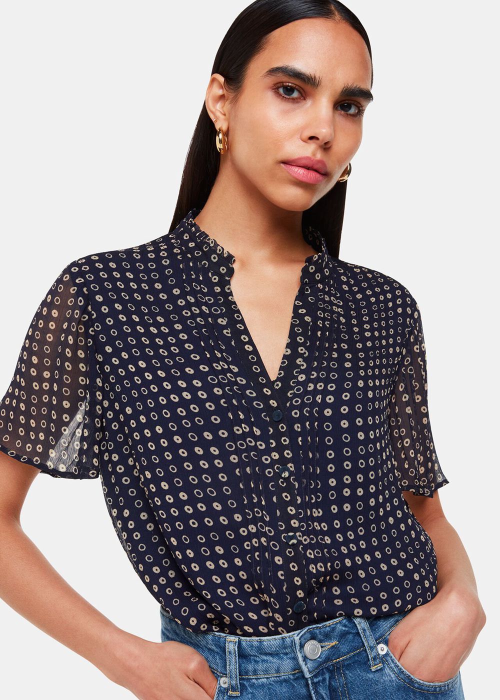 Whistles Spotted Hoop Frill Blouse Navy / Multicolor | US-80317LQAW