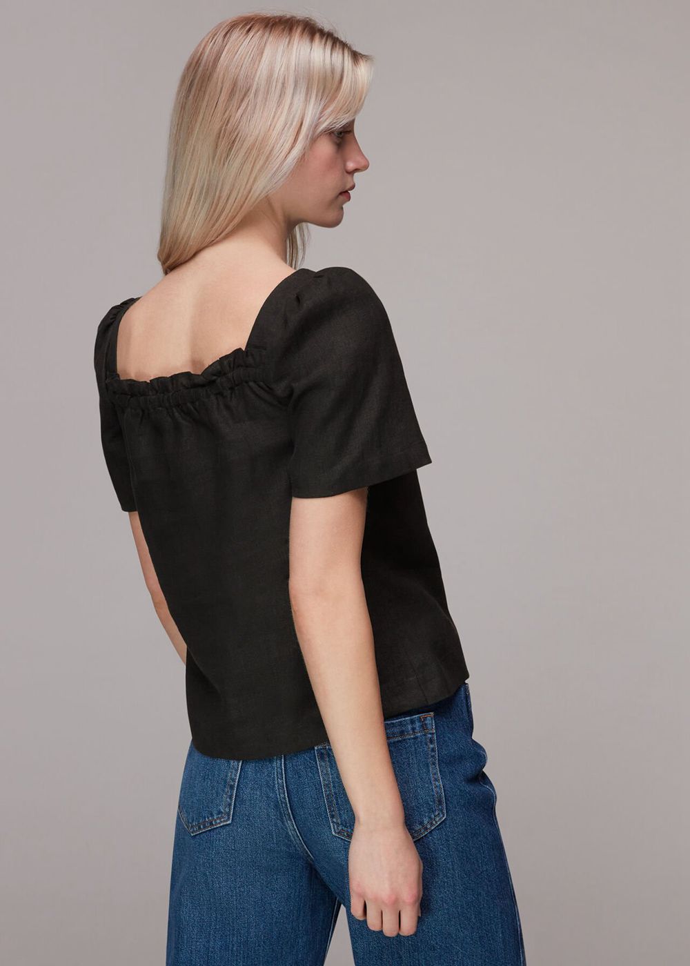 Whistles Square Neck Linen Top Black | US-70924BGVJ