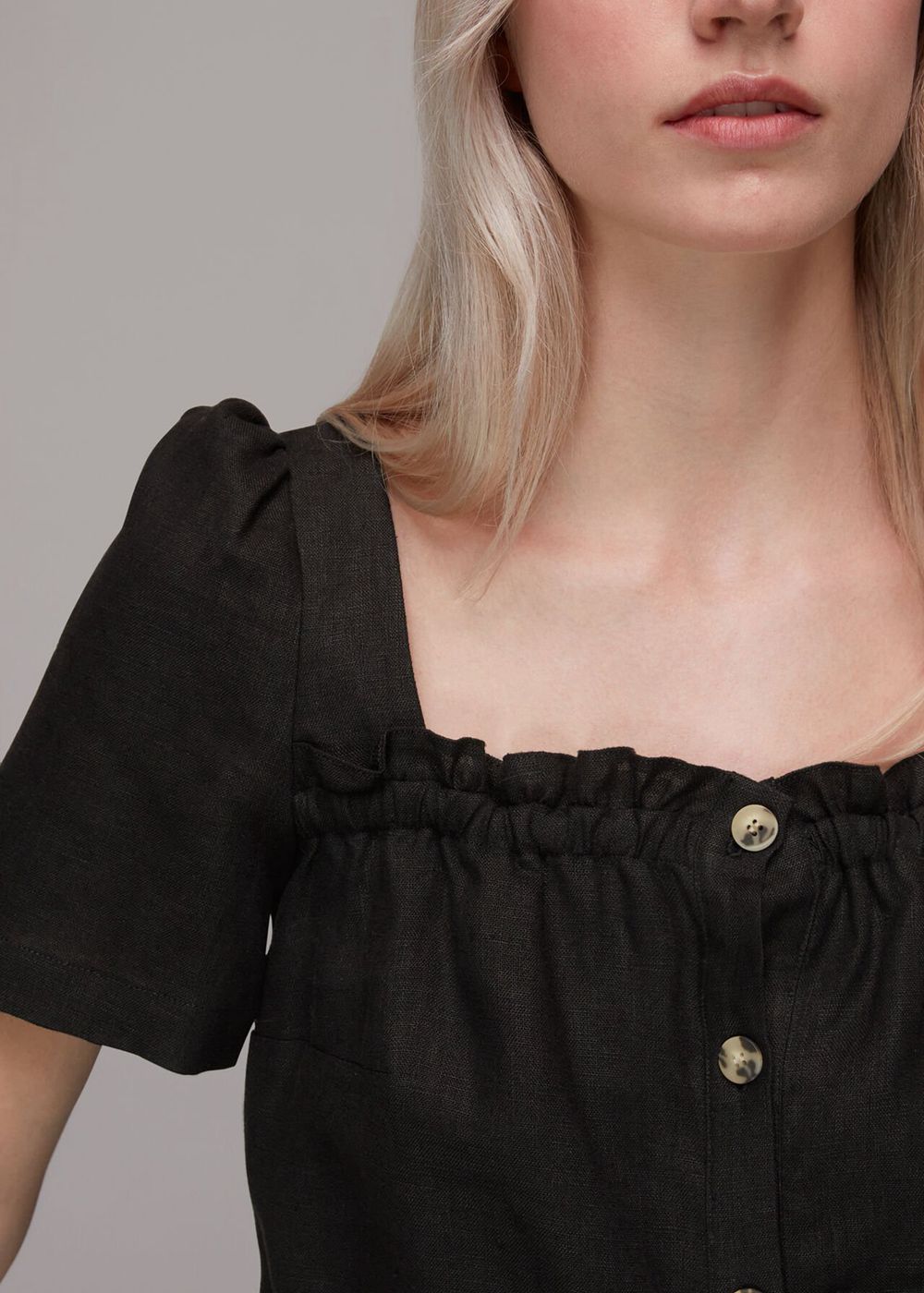 Whistles Square Neck Linen Top Black | US-70924BGVJ