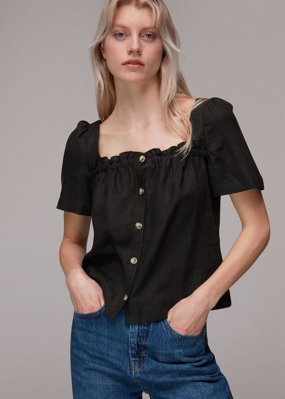 Whistles Square Neck Linen Top Black | US-70924BGVJ